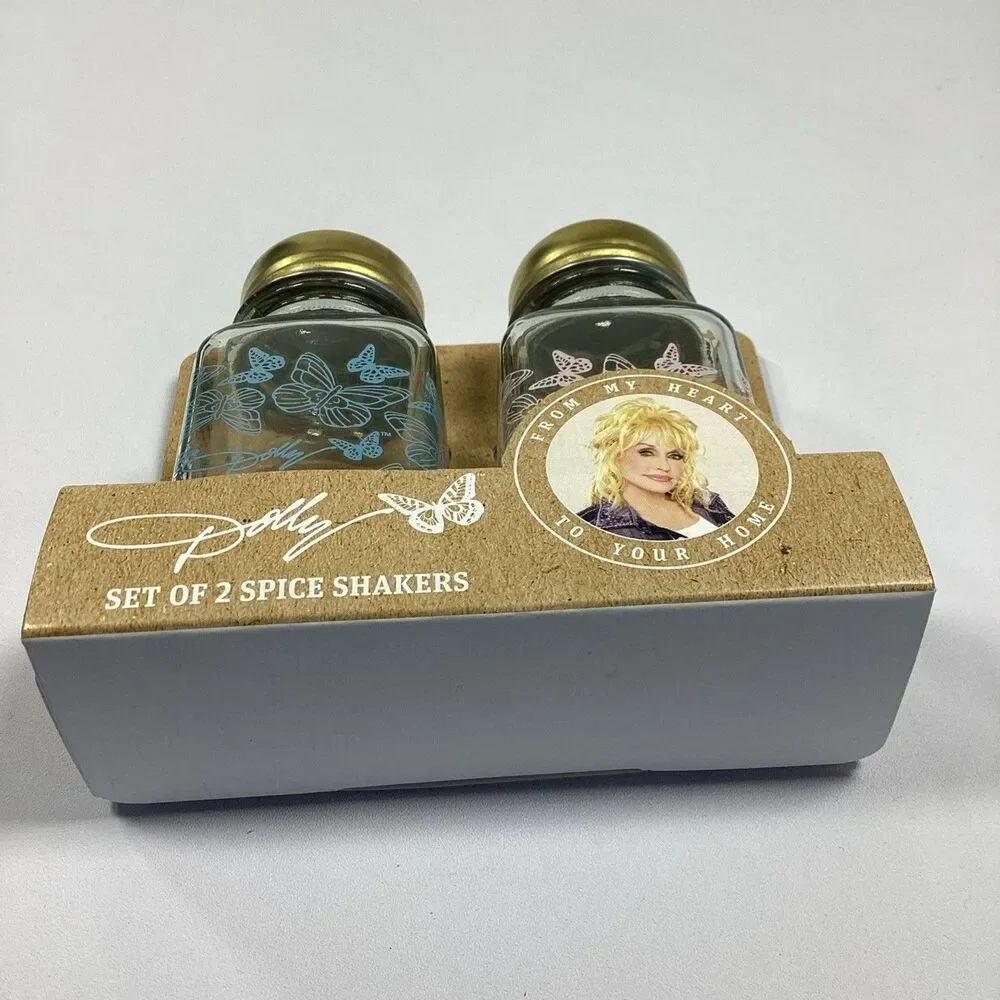 Dolly Parton Salt Pepper Spice Shakers Butterfly Blue Pink Discontinued DG New